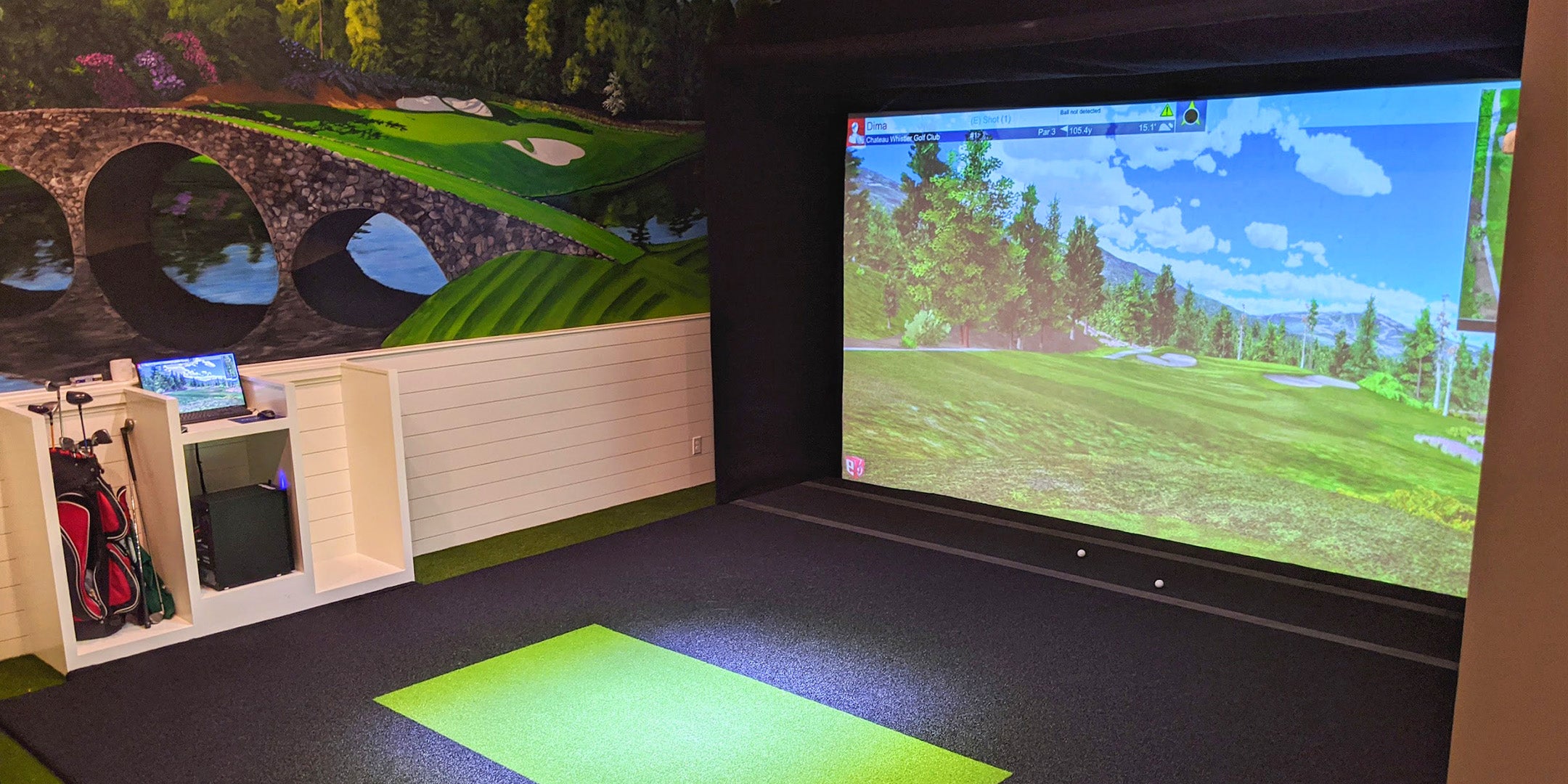 Golf simulator set up with golf in basement