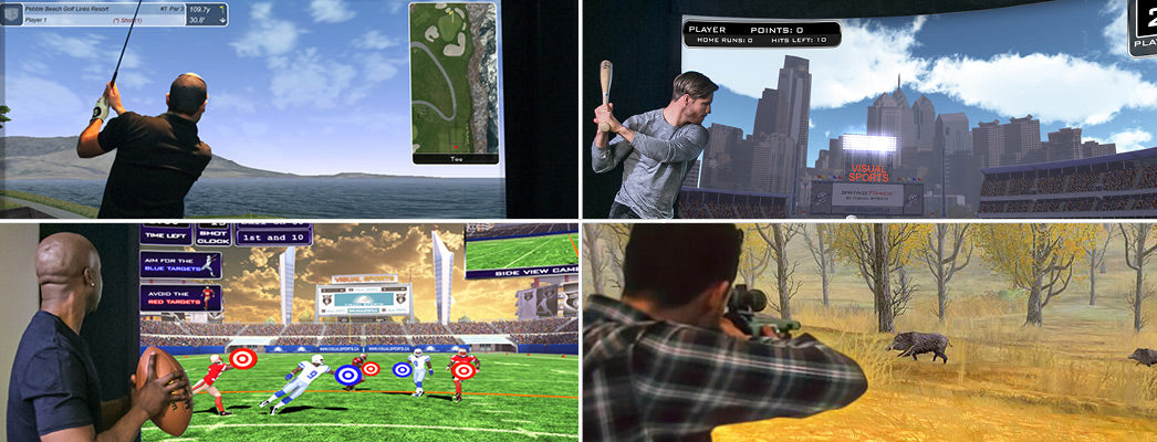 men playing various games - golf, football, hunting, baseball on full swing sports simulator